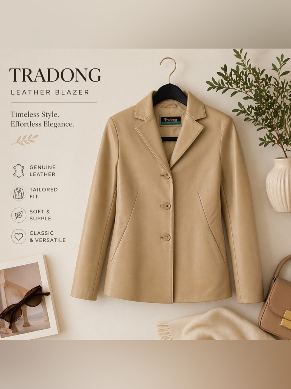 Tan Leather Blazer XS Genuine Lambskin Tailored Minimal Classic Jacket - Picture 6 of 8